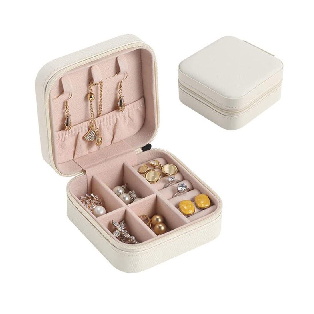 YUOCT Faux Leather Small Jewelry Box Necklace Ring Storage Organizer Mini Jewelry Case Double Layer Travel Jewelry Organizer for Women Girls Mother's Day Gift (White)
