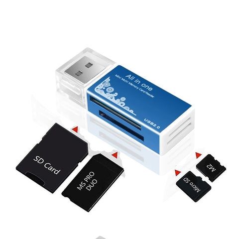 كابل ذاكرة الخارجية ميني متعدد (4 في 1) يدعم بطاقات ذاكرة الذاكرة (MICRO SD - SD CARD – M2 – MS PRO DUO) معدن لون ازرق