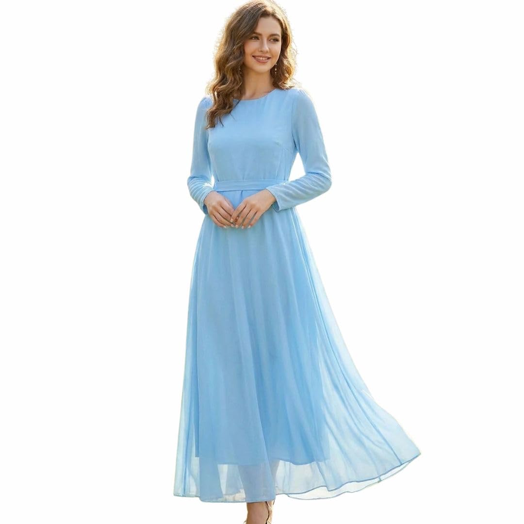 Women's Chiffon Long Dress Light Blue with Waist Belt and Lining