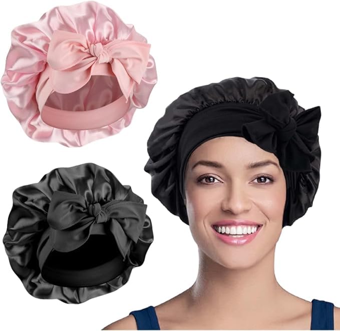 2PCS Satin Bonnet, Silk Bonnet Hair Wrap for Sleeping, Hair Bonnet for Bath, Tie Band for Women Long Curly Braid Hair (Black, Pink)