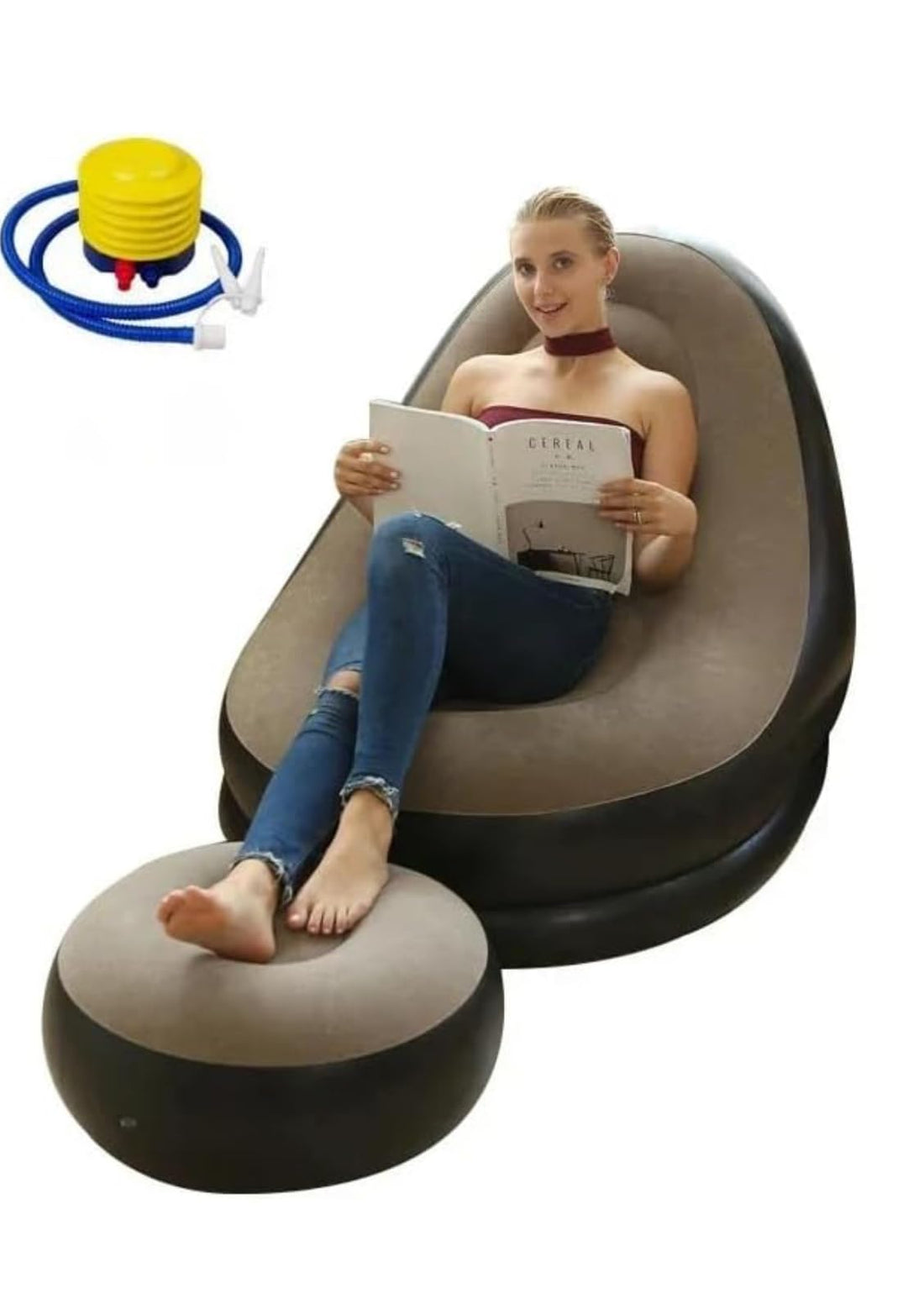 Inflatable Recliner Chair with Footrest and Air Pump, Perfect for Living Room or Sleep, Comfortable and Space-Saving, Suitable for Reading, Gaming, Relaxing Indoor and Outdoor (Black x Beige)