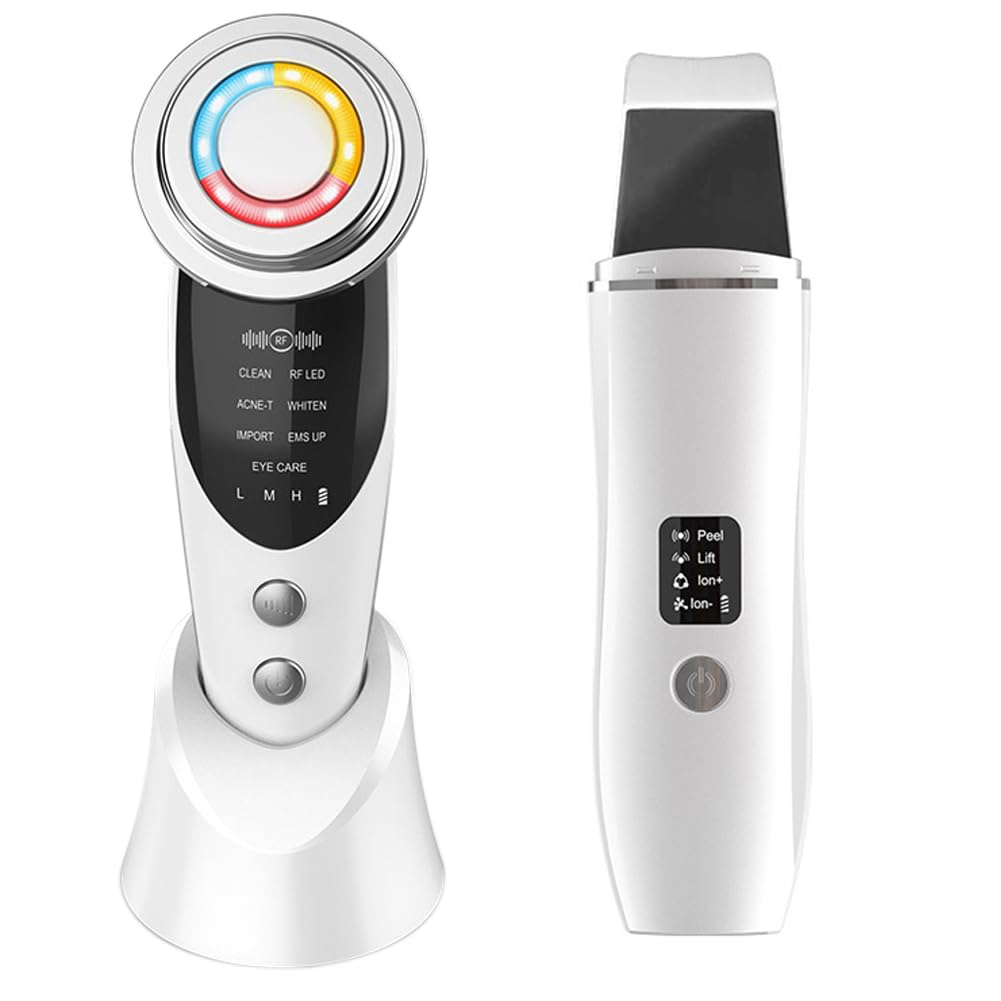 2pc Facial Massager Device, 7 in 1 Microcurrent LED Photon Light Therapy Facial Machine, Skin Scrubber Face Spatula, At-Home Beauty Instrument for Anti-Wrinkle & Skin Cleansing