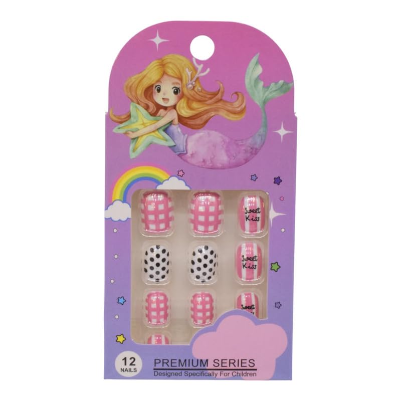 Gingham, Polka Dot & “Sweet Kiss” Children's Premium Press-On Nail Set for Girls, 12 Pieces - Multicolor