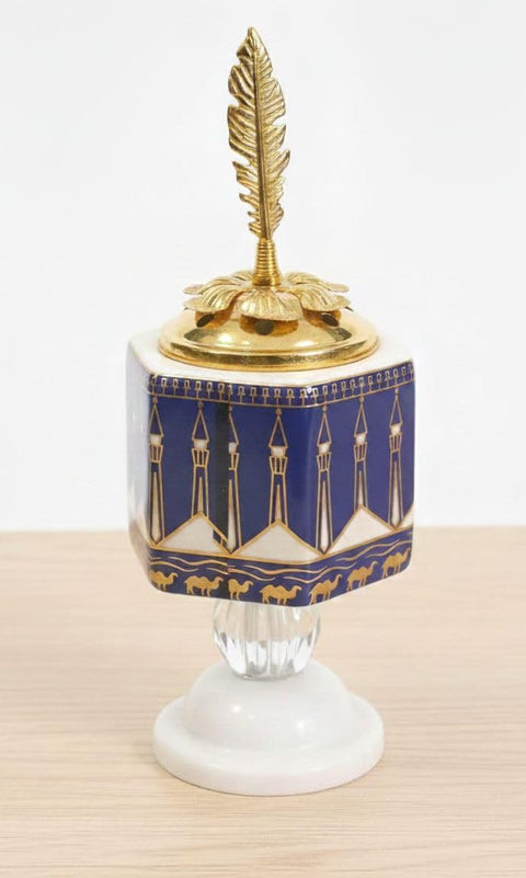 Porcelain Incense Burner with Islamic Design, Blue and Gold, White Base, Metallic Leaf Lid, 5x5x5 cm