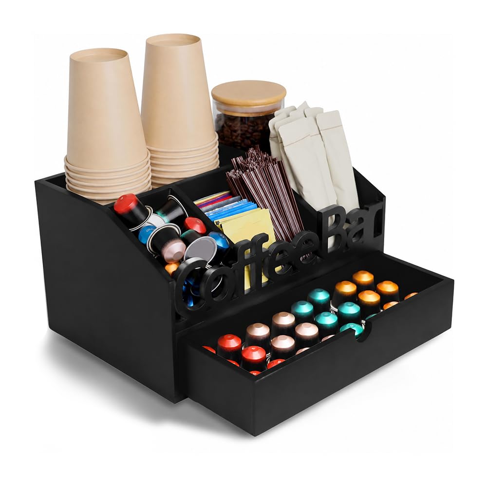 Best Media Acrylic Coffee Bar Organizer, Countertop Condiment Station for Cups, Sugar, Creamer, Syrup and Coffee Accessories, Large, Black
