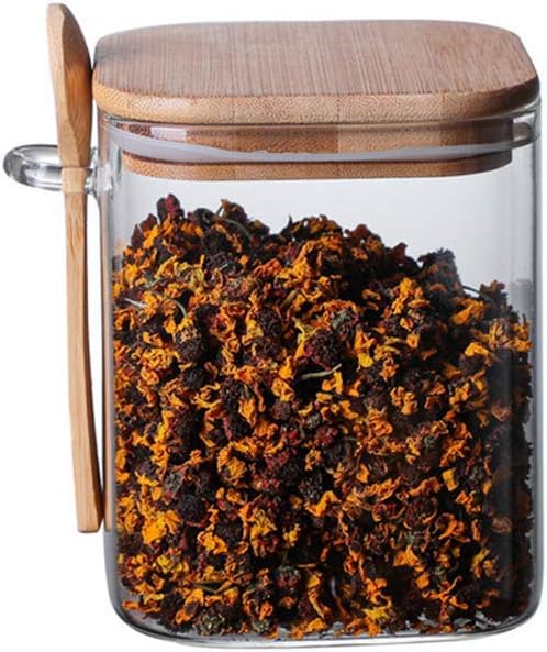 Premium Square Glass Jar 240 ml for Spices and Grains with Airtight Bamboo Lid and Wooden Spoon for Organized Egyptian Home Kitchens