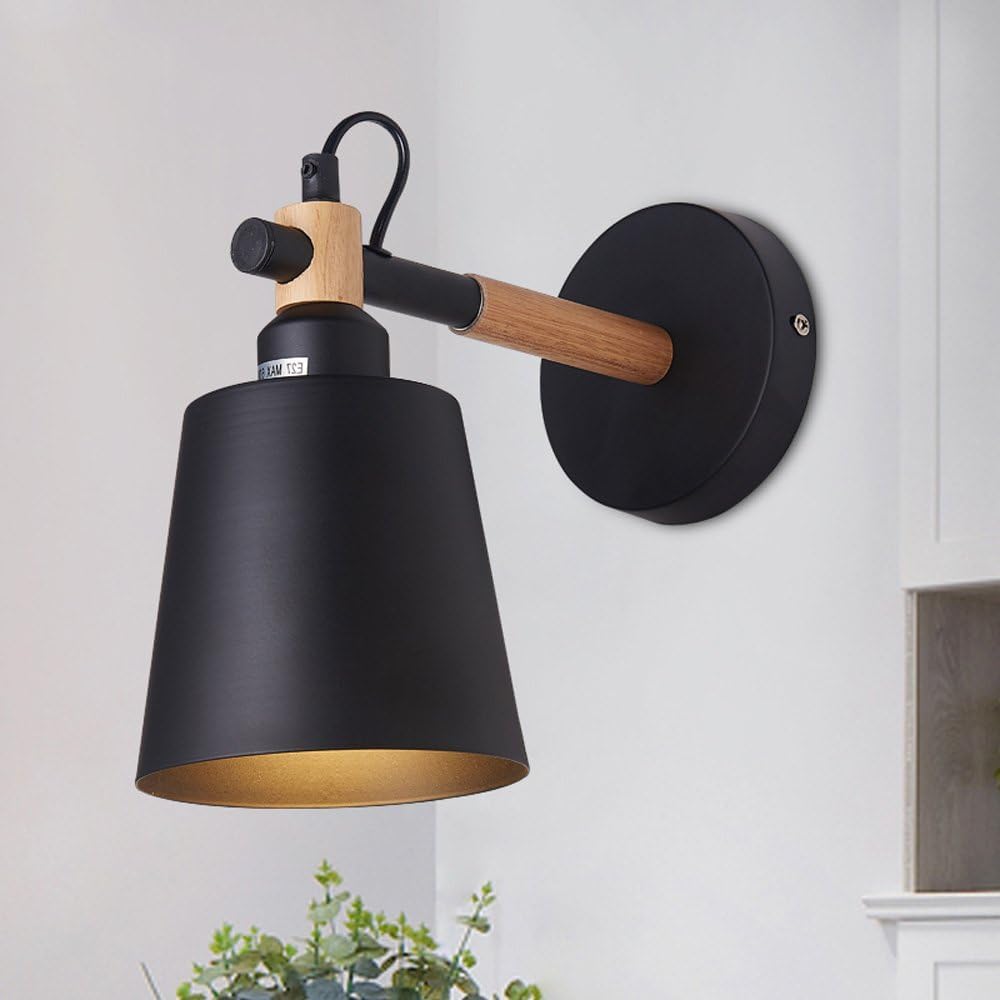 Modern Wall Sconce Light with Wooden Arm, Black Metal Shade with Gold Interior, Adjustable Wall Lamp