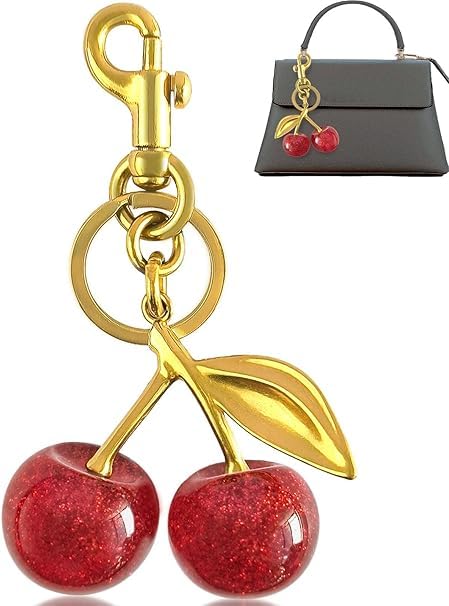 ZonShop Cherry Bag Charm Stainless Steel 18K Gold Plated Fruit Purse Charm for Handbags Bling Cherry Keychain Accessories