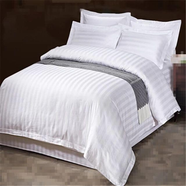 Premium Cotton Striped Fitted Bed Sheet Set with 2 Pillowcases, 200 Thread Count, White (100x200cm)