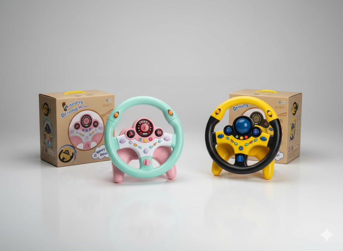 GHAZAL ABS Kids Steering Wheel Toy, Yellow, Car Backseat Simulator with Light and Music, 25 cm