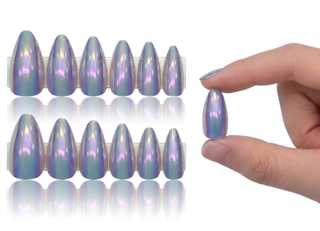 Holographic Chrome Press-On Nails - 12 pcs PRESS ON NAILS - MIRROR METALIC False Nails, Perfect For Parties+ 1 SHEET DOUBLE FACE- (N5)