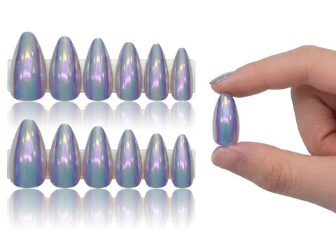 Holographic Chrome Press-On Nails - 12 pcs PRESS ON NAILS - MIRROR METALIC False Nails, Perfect For Parties+ 1 SHEET DOUBLE FACE- (N5)