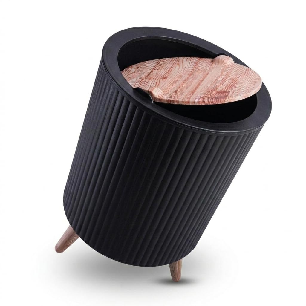 Generic Decorative Trash Can, Plastic Material, Sliding Lid Design With Wooden Print Legs Pattern For Home And Office Use,Black.