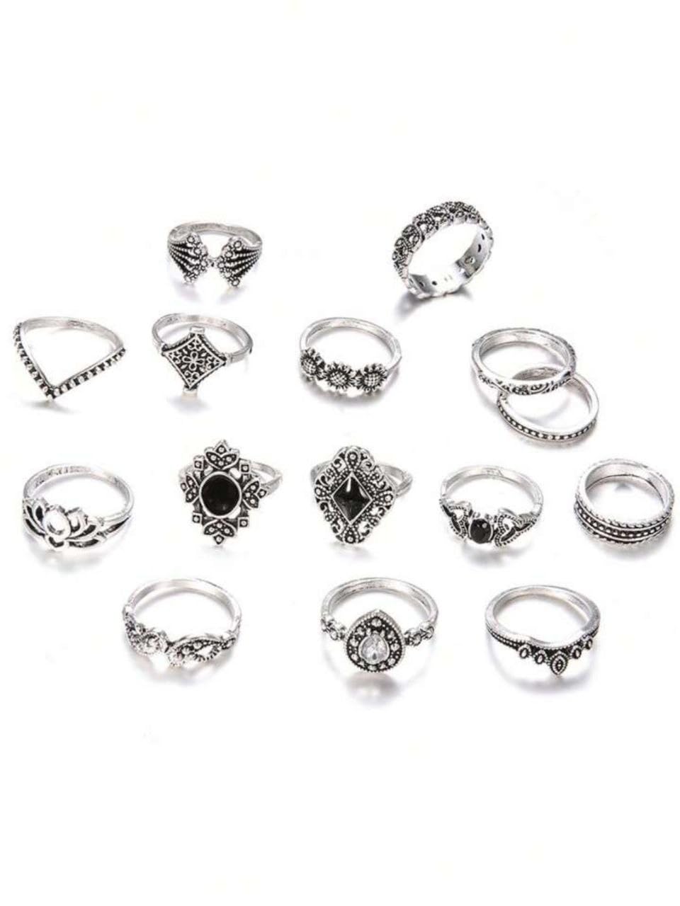 15PCS-Set Vintage Retro Silver Lotus Flower Women's Unique Ring Set