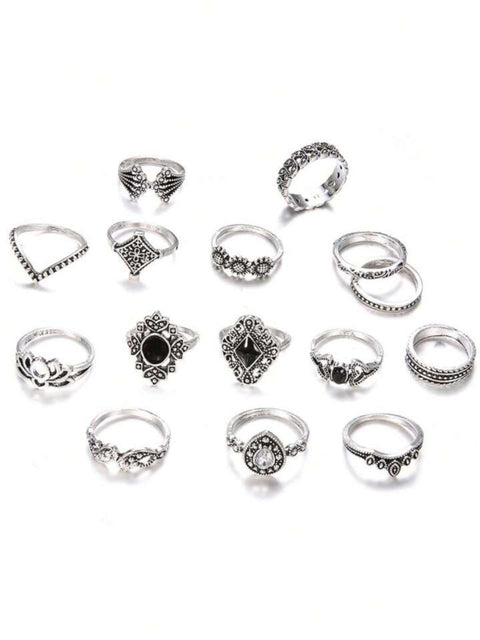 15PCS-Set Vintage Retro Silver Lotus Flower Women's Unique Ring Set