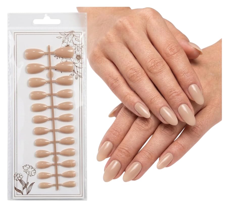 24pcs SHORT Size Finished Design With UV Gel Press On Nails Coffin OVAL Shiny False Nails Full Cover Artificial Fake Nail Art Tips- Comes With 1 SHEET DOUBLE FACE (A)