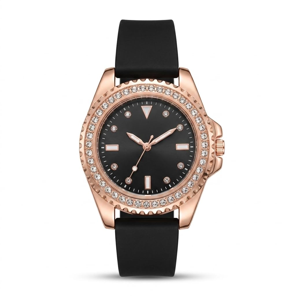 Women's Quartz Watch Rose Gold Bezel Crystal Accented Silicone Strap Luxury Sport Design