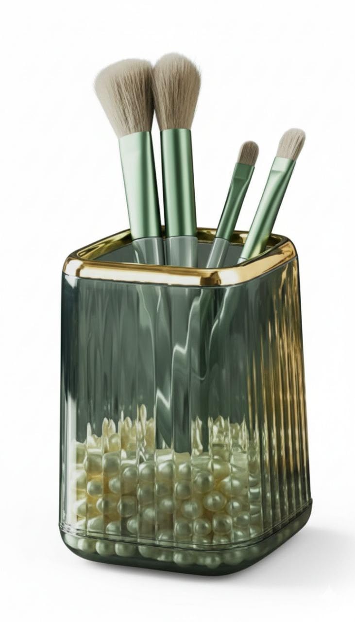 Luxury Makeup Brush Organizer, High Quality Acrylic Ribbed Edge Shiny Edge Makeup Brush Holder (Olive Green)
