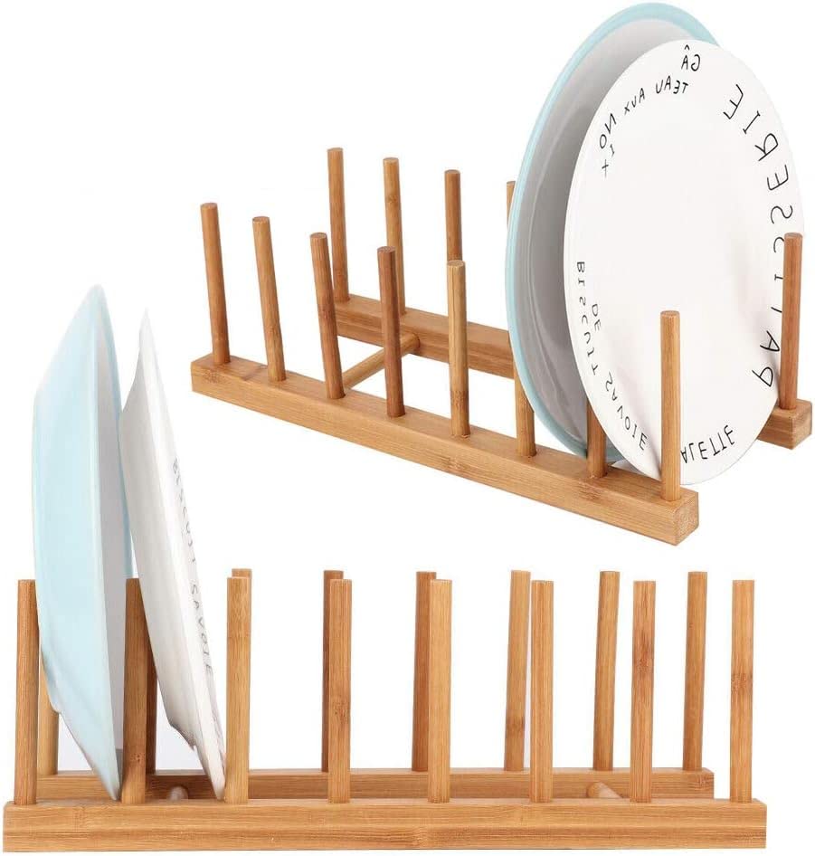 Circle M 2-Piece Bamboo Wooden Dish Rack: Holds 14 Plates Pot Lid Cup Cutting Board Organizer – Brown