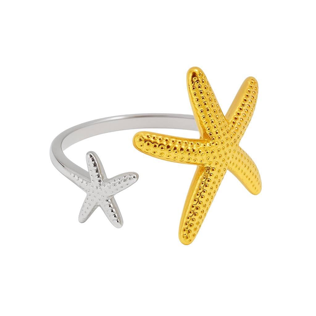 Starfish Adjustable Ring Two Tone Gold & Silver Beach Inspired Open Finger Ring for Women & Girls Ocean Jewelry Gift