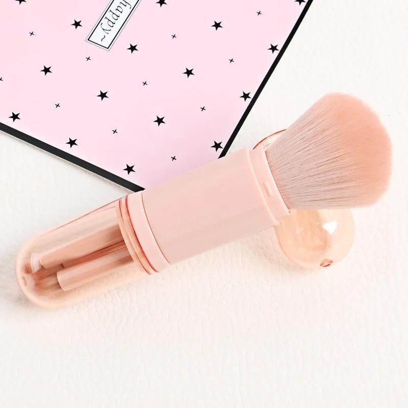 Portable travel brush-4 cosmetic tools group in one in one, withdrawable features and mini designs for make-up application without effort anywhere with basic brushes included (Pink)
