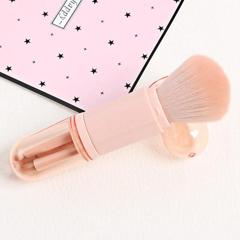Portable travel brush-4 cosmetic tools group in one in one, withdrawable features and mini designs for make-up application without effort anywhere with basic brushes included (Pink)