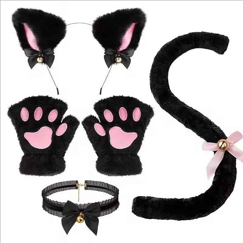 5-Piece Cat Ears Cosplay Set Black and Pink Plush Accessories with Headband Choker Paw Gloves and Tail,Animation Exhibition Character Handmade Plush Props Hair Accessory, One Size