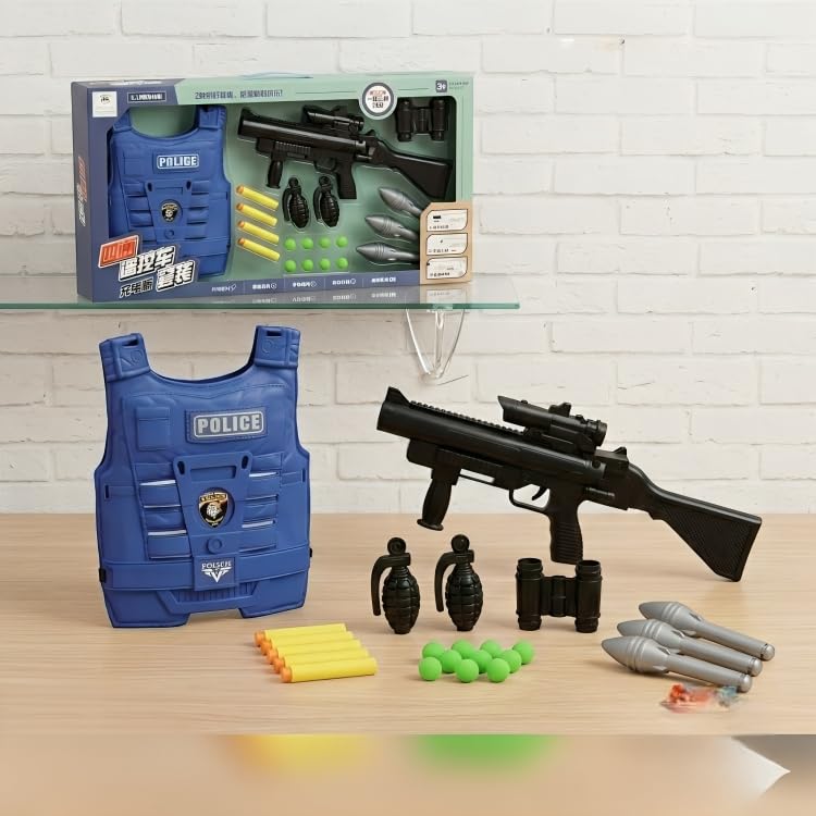 Police Weapons Toy Set, Blue Protective Vest, Gun, Grenades, Binoculars, Harmless and Painless Bullets