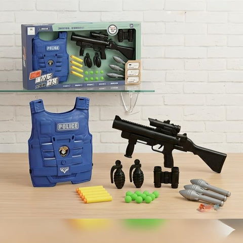 Police Weapons Toy Set, Blue Protective Vest, Gun, Grenades, Binoculars, Harmless and Painless Bullets