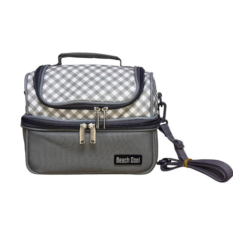 Beach Cool Cooler Bag, Black and White Geometric Pattern Portable Lunch Bag, Adjustable Shoulder Strap, 7L Double Zippers