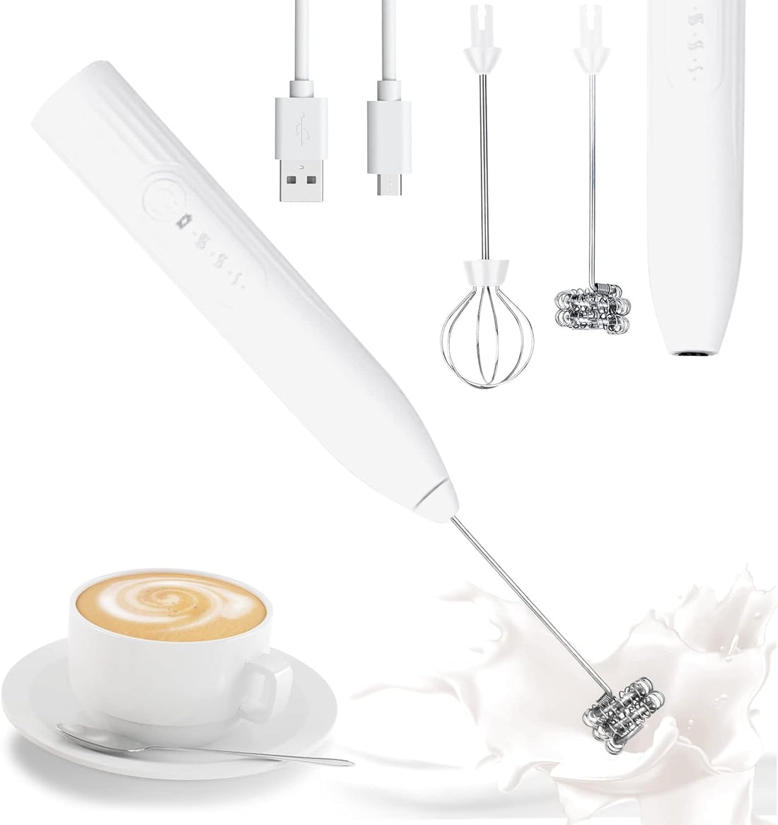 Rechargeable Milk Beater, 3 Speeds - for Coffee, Latte, Cappuccino with Bonus Egg Beater, Easy to Clean and Assemble, Powerful, One Button Control (White)