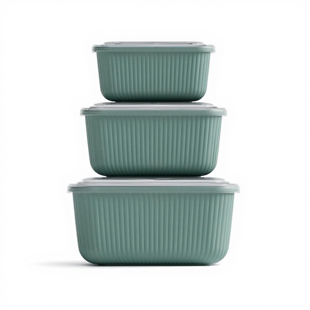3 Pcs Rectangular Food Storage Container Set with Snap Lids – Line Series BPA-Free Airtight Bowls (600 ml, 1100 ml, 1800 ml) Microwave-Safe Bowl only without the lid (Green)