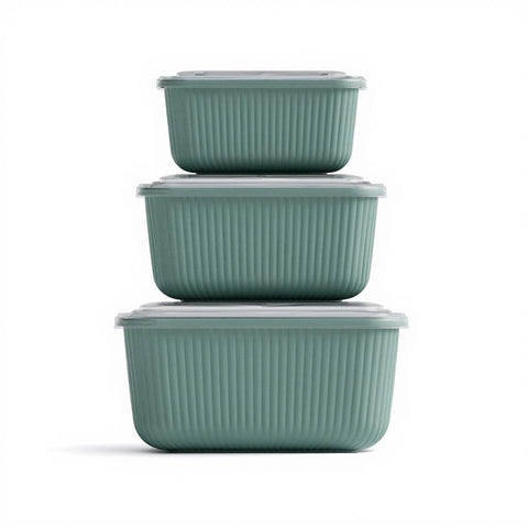 3 Pcs Rectangular Food Storage Container Set with Snap Lids – Line Series BPA-Free Airtight Bowls (600 ml, 1100 ml, 1800 ml) Microwave-Safe Bowl only without the lid (Green)