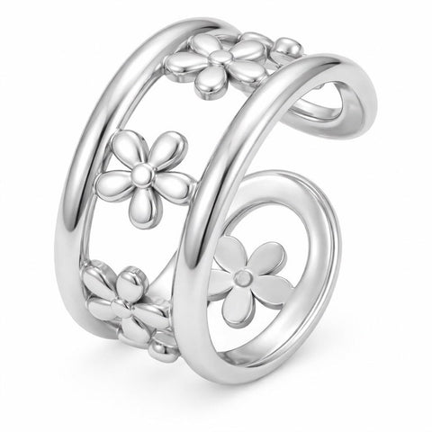 Tarnish-Free silver Stainless Steel Daisy Flower Ring - Waterproof Adjustable Open Floral Band for Women, Cute Jewelry Gift