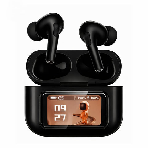 Black TWS Wireless Earbuds with Smart Digital Display Charging Case, Featuring Active Noise Cancellation (ANC) and Ambient Sound for an Immersive Listening Experience