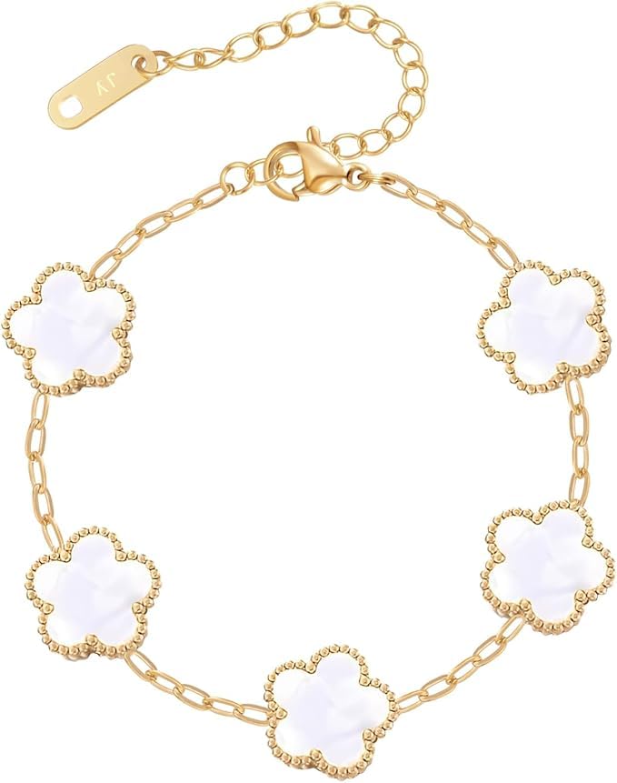 Stainless Steel Bracelet for Women, White Clover Flower Design, Adjustable Gold Chain, Simple and Elegant Jewelry
