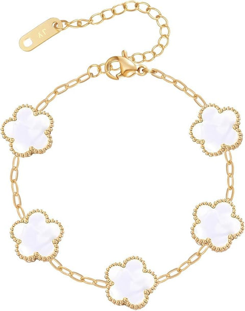 Stainless Steel Bracelet for Women, White Clover Flower Design, Adjustable Gold Chain, Simple and Elegant Jewelry