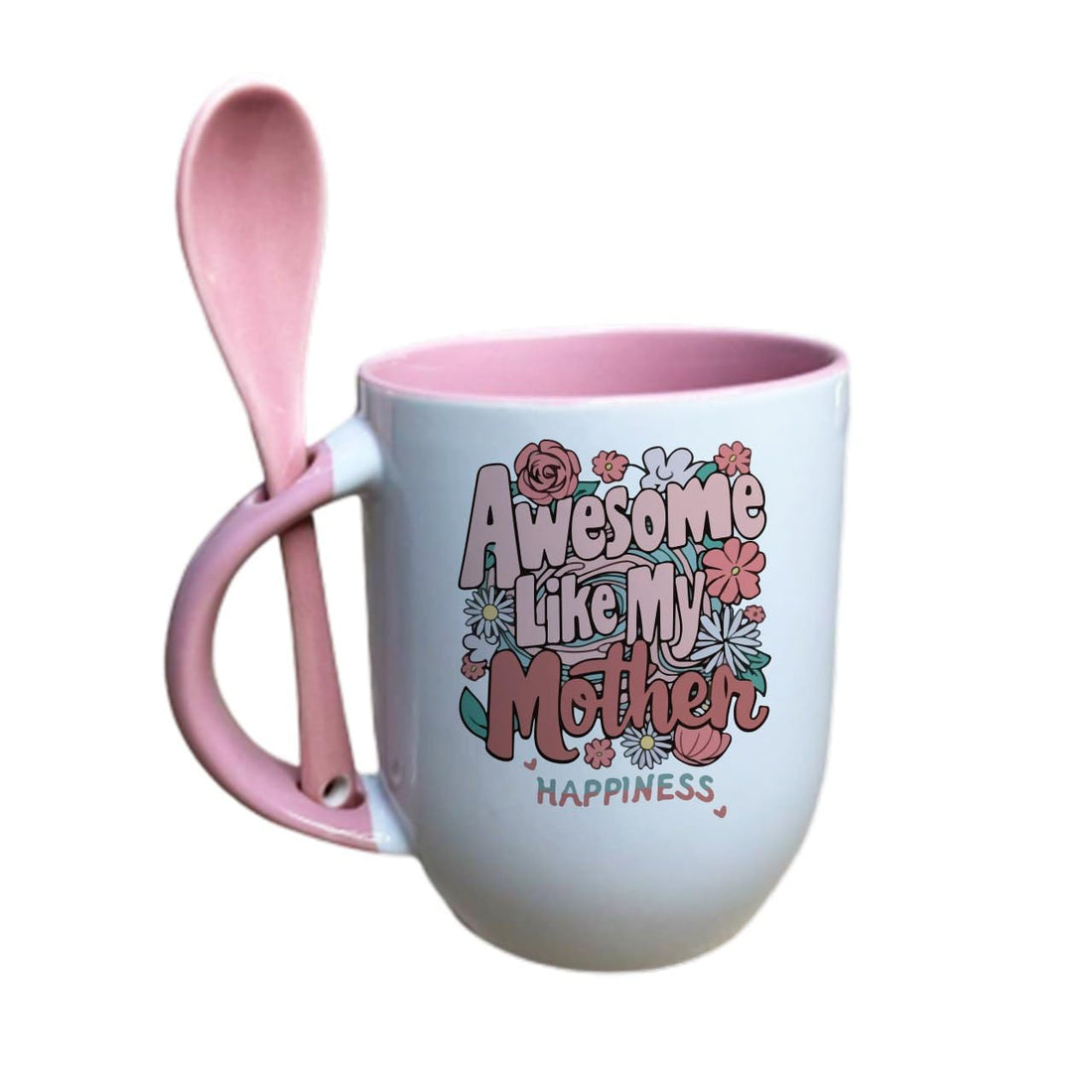 Ceramic Coffee Mug with Spoon-Two-Sided Printing-Pink- 350 ml- Mother day designs-Awesome like my mother- We print your gift