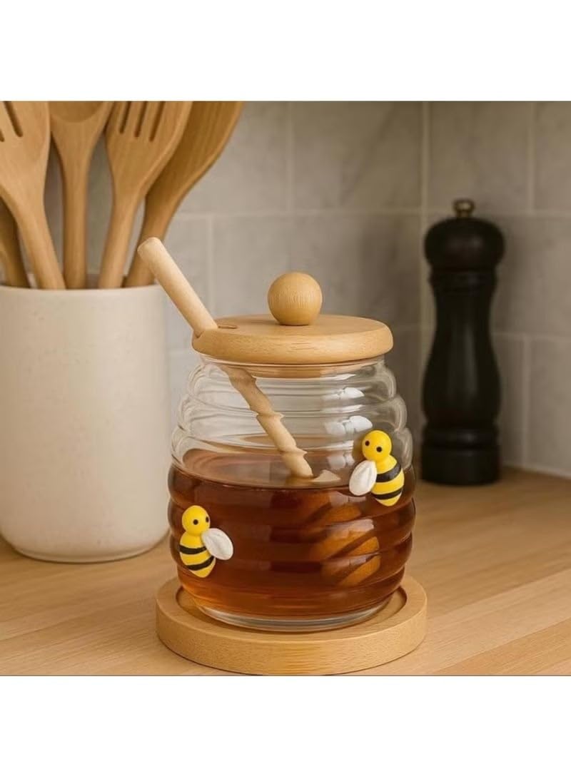 Glass Honey Jar with Wooden Dipper, 500ml, Beehive Shape, with Bamboo Lid and Tray, for Honey and Maple Syrup Storage
