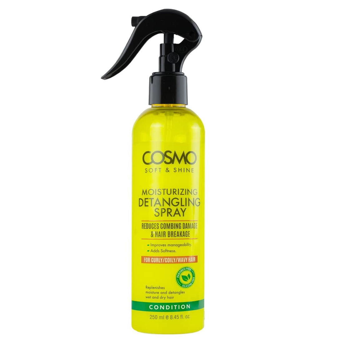 Cosmo Soft & Shine Moisturizing Detangling Spray 250ml | Reduces Combing Damage and Hair Breakage | For Curly, Coily, Wavy Hair | Moisture and Detangles | Yellow
