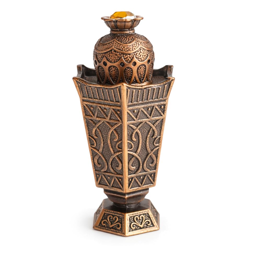 Decorative Metal Body & Glass Heart Reusable Empty Perfume Bottles - Antique Finish Embossing & Studded - Smooth Silk Inner Rod - for Essential Oils, Perfect for Travel, Gifts, Decoration (S-12)