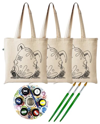 DIY Easter Bunny Canvas Tote Bag Set, Natural Cotton, with Acrylic Paints and Brushes, Pack of 3