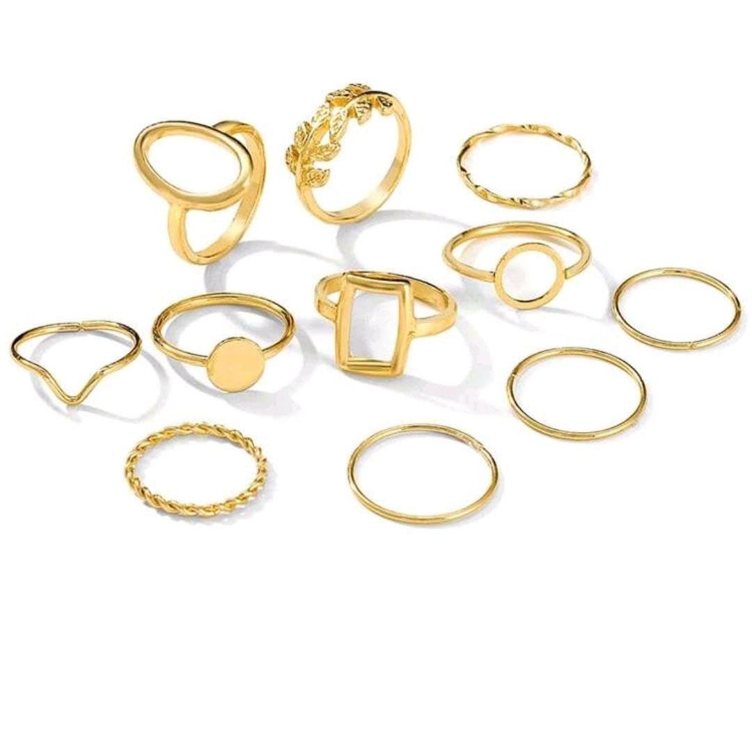 11pcs/Set Geometric Leaf Design Joint Rings Set For Women, Creative Fashion