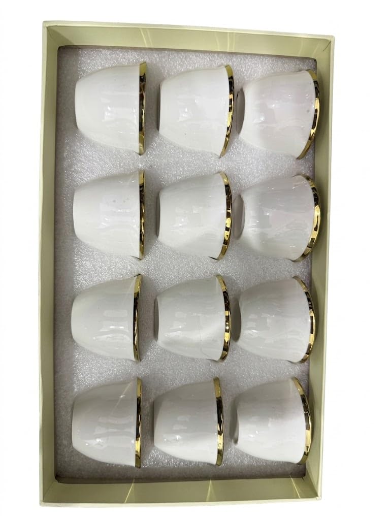 Arabic Coffee Cups Set of 12, White with Gold Rim, Ceramic, Handleless Espresso Cups, Gift Box