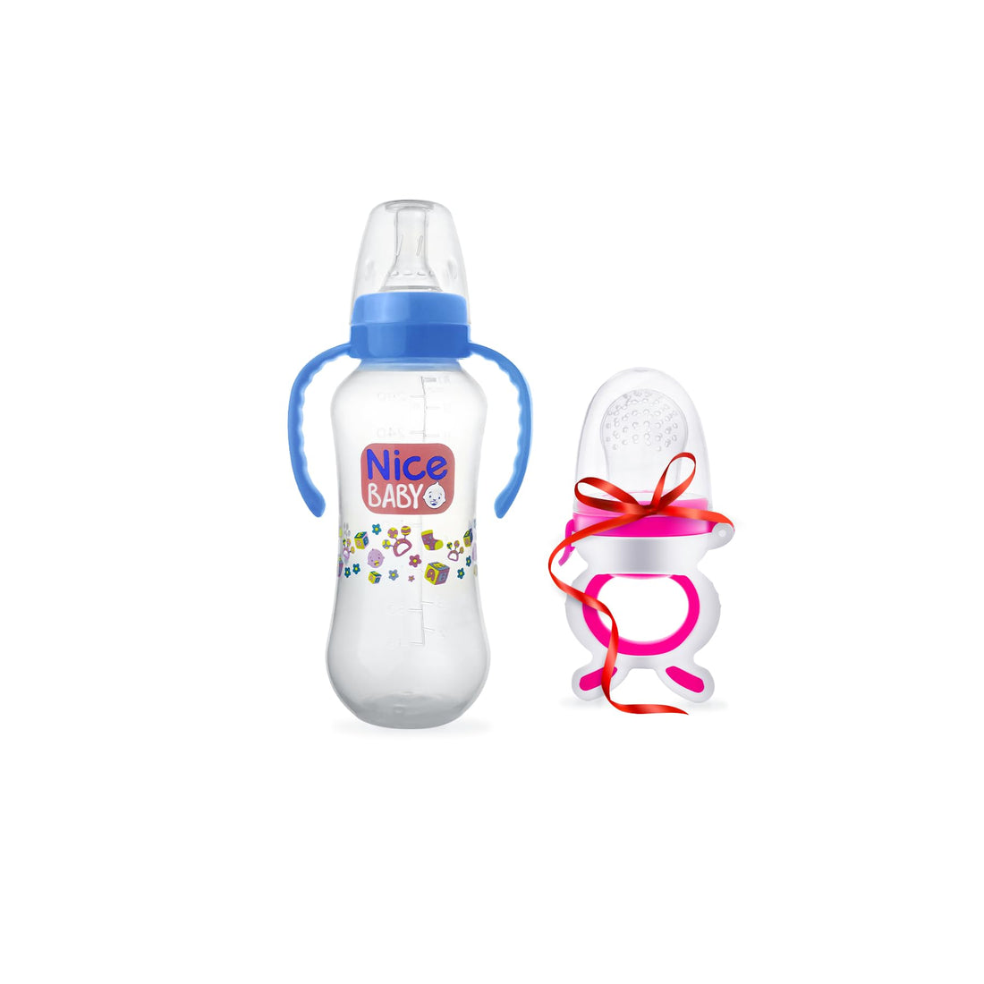 Nice Baby Bundle Baby Bottle with hand 280 ml Blue & Fruits teether Rose Gift 2 Piece