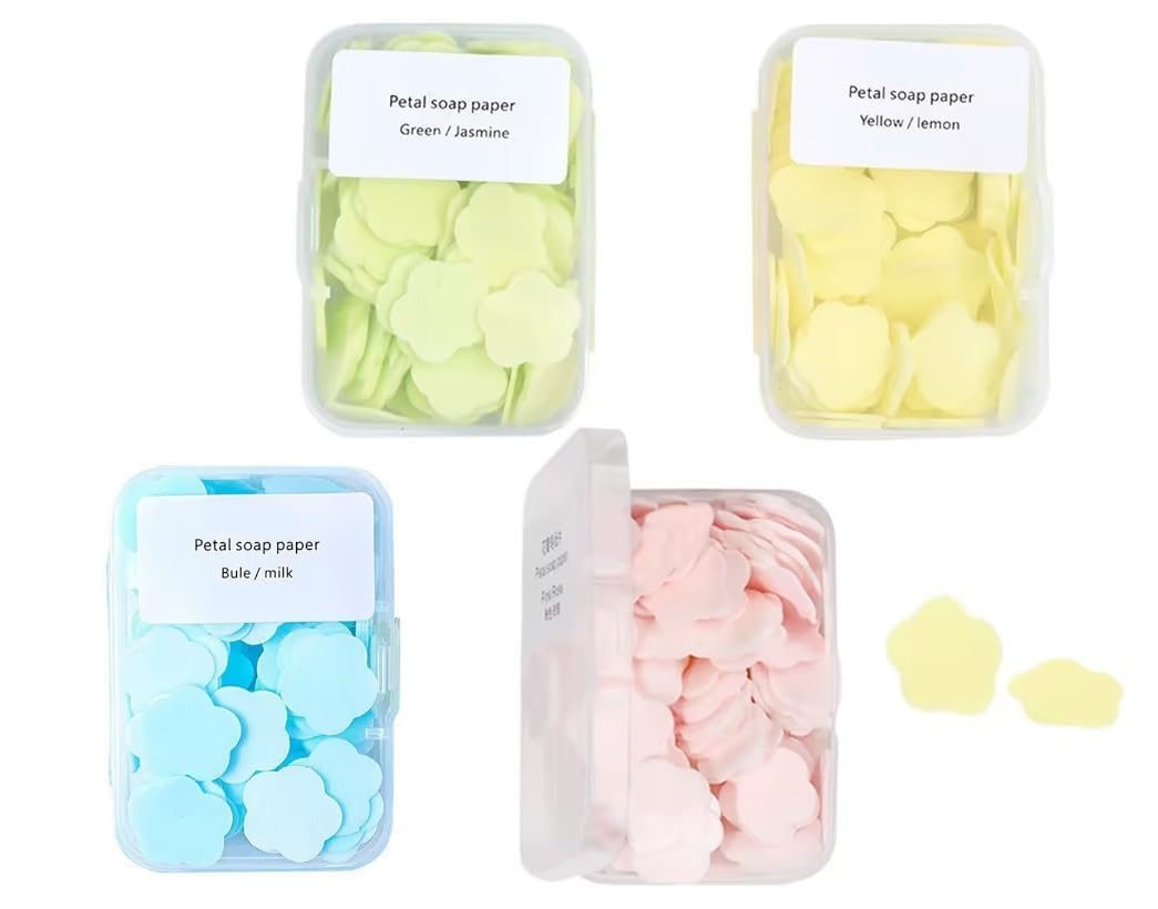 4 Boxes Paper Soap, 4 Random Different Scented Mini Portable Disposable Petal Hand Wash Scented Mini Soap Sheets, Dissolvable Hand Bath,Suitable for Outdoor Travel, Camping