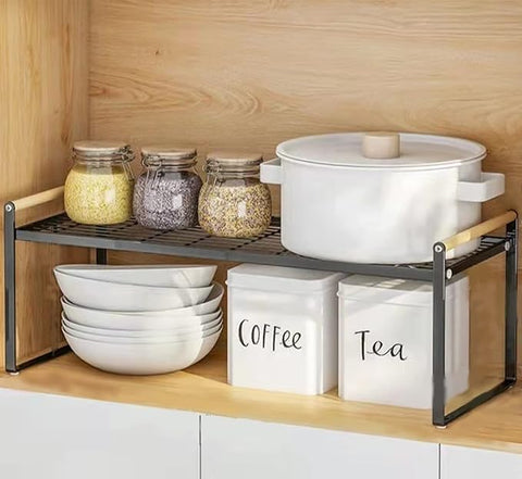 2-Shelf Minimalist Black Metal Countertop Shelf, 20" x 8", Stackable, Kitchen Utensils Organizer