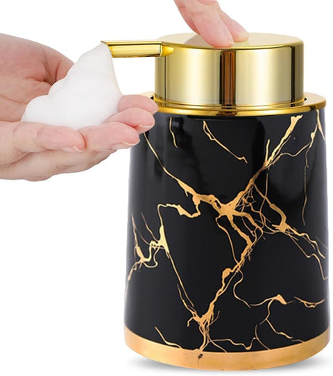 Marble Gold Inlay Ceramic Lotion Dispenser Liquid Hand Soap Dispenser Pump Bottle for Kitchen Bathroom (black)