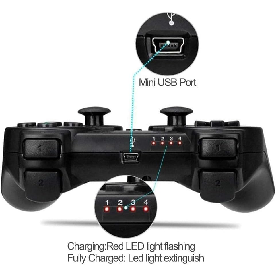 MJK Wireless Controller Compatible with PlayStation 3, Game Controller with Dual Vibration and Rechargeable Battery, USB Wireless Joystick, Black