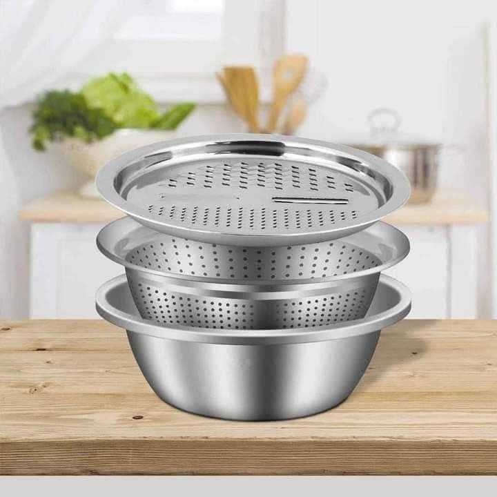 3 in 1 Stainless Steel Food Prep Set - Includes Grater, Colander, Deep Mixing Bowl - Rustproof and Versatile for Kitchen - Silver